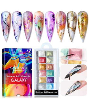 Saviland Nail Watercolor Paint Set - 12 Colors Pearl Shimmer Watercolor Painting Set Nail Watercolor Paints Glitter Ink Pigment for Nail Art Painting Nail Decoration DIY Manicure