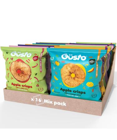 GUSTO SNACKS Crunchy Apple Crisps Variety Mix Case of 16 (20g) - Healthy Kids & Adults 100% Whole Dried Fruit Snacks - No Added Sugar High in Fibre Vegan Vegetarian Low Calorie Gluten & Fat Free