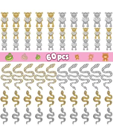60 Pcs 3D Bear & Snake Nail Charms Set - Crystal, Gold & Silver Gems for DIY Nail Art - Buy Online on SooperMarket.com