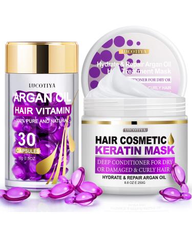 LUCOTIYA Deep Conditioning Keratin Hair Mask and Hair Serum Capsules - Set of Hair Care for Dry Damaged Hair - Argan Oil Deep Moisturizing Hair Treatment for Curly Straight Fine Hair