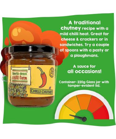 South Devon Chilli Farm Chilli Chutney | Traditional Chutney with a Mild Chilli Heat - Ideal for Cheese & Crackers & Sandwiches - Made with Fresh Chillies - Gluten Free Case of 6 220g - Buy Online on SooperMarket.com