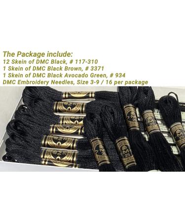 DMC Black Embroidery Floss 6 Strand Cotton Thread Bundle - 12/Pack with Bonus Skeins in Black Brown and Black Avocado, Includes DMC Cross Stitch Needles - Premium Black String/Yarn Set - Buy Online on SooperMarket.com