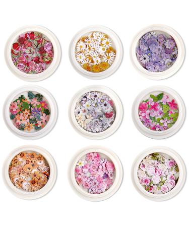 MAIOUSU STORE 9 Boxes 450pcs 3D Flower Nail Art Sequins Decals(not self-adhesive not stickers)Colorful Mixed Flowers Leaves Design Slice Nail Flakes Flowers Designs Ultra Thin Wood Pulp Flakes Sequins Flower 1