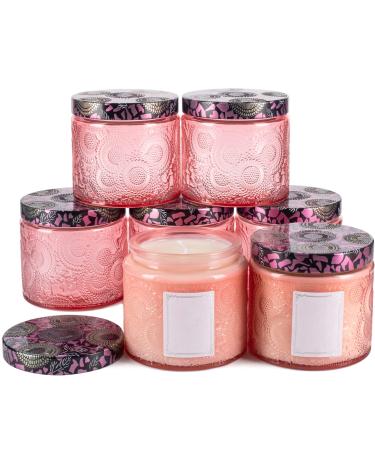 10 oz Embossed Glass Candle Container with Tin Lid and Labels (Pink)