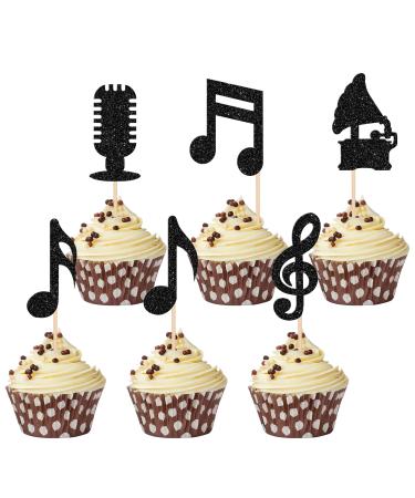 Rsstarxi 24 Pack Music Notes Cupcake Toppers Black Glitter Microphone Musical Symbol Cupcake Picks Decorations for Musical Social Media Theme Baby Shower Kids Birthday Party Cake Decorations Design 2 Black