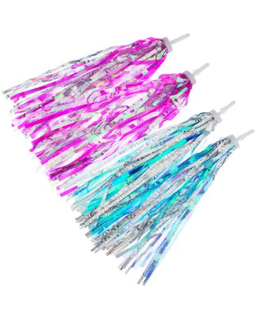 Kasteco 2 Pairs Bicycle Tassel Ribbon Bike Handlebar Scooter Streamers Blue silver and Hot pink silver