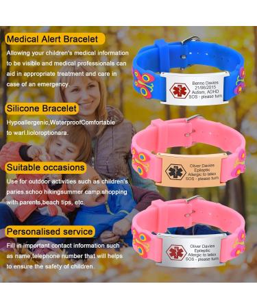 Customised Kids Safety ID Wristband | Personalised Medical Alert Bracelet for Boys and Girls | Pink Rose Gold Butterfly Design - Buy Online on SooperMarket.com