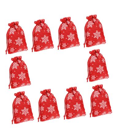 KOMBIUDA 10pcs Snowflake Burlap Bag Christmas Holiday Pouch Candy Storage Holder Drawstring Bag 14X10X0.3CM Red