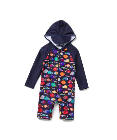 BONVERANO Baby Boys Swimsuit Toddler Bathing Suit Zip-up Full-Zip Hoodie One Piece Swimwear with UPF 50+ Sun Protection 2-3 Years Hooded Colorful Fish