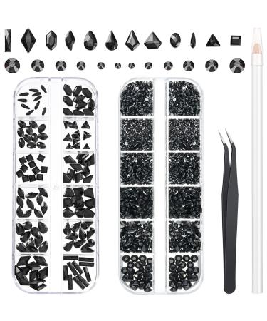 120 Pieces Multi Shapes Gems Crystals and 3000 Pieces Nail Art Rhinestones Round Flat Back Gems Diamond Stone with Rhinestone Picker Dotting Pen and Tweezer for Nail Art Craft Clothes (Black)