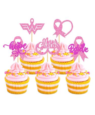 Cyodoos 30 PCS Breast Cancer Awareness Cupcake Toppers Glitter Pink Ribbon Never Give Up Beliveve Hope Cupcake Picks Pink Ribbon Party Cake Decorations Supplies