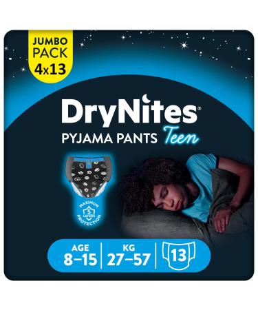 DryNites absorbent night diapers Teen for bedwetting for boys 8-15 years (27-57 kg) 4 x 13 pieces 13 pieces (pack of 4)