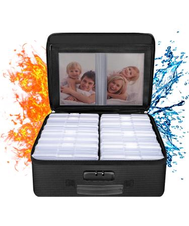 ENGPOW Fireproof Photo Storage Box with 16 Inner 4" x 6" Photo Case(Clear) Photo Box Organizer with Lock Collapsible Portable Photo Storage Containers with Handle for Photos Picture Valuables Box + 16 4" x 6" Photo Case