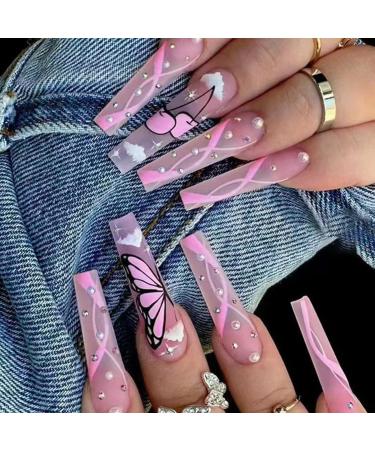 MISUD 24 pcs Coffin Press on Nails Long Fake Nails Matte Glue on Nails Pink Swirl Ballerina Acrylic Nails Bling 3D Rhinestone Pearl False Nails with Butterfly Designs 04-P1