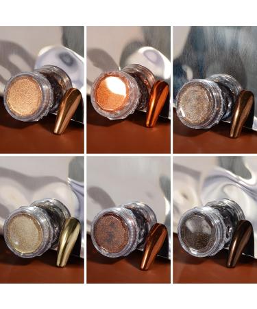 Chrome Nail Powder Set - 6 Metallic Brown Colors for Mirror Effect Manicure | Glitter Dust & Sponge Applicators - Buy Online on SooperMarket.com
