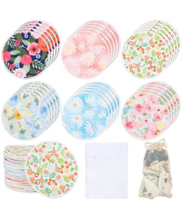 30 Pcs Reusable Breast Pads Bamboo Nursing Pads Absorbent Pads with Wet Bag and Laundry Bag Floral Breast Pads Charming Nipple Pads Nipple Covers for Breastfeeding Mom Gift, 6 Colors (Vibrant Pattern)