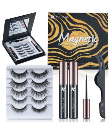 Aishaba Magnetic Eyeliner and Magnetic Eyelashes Kit 5 Pairs Magnetic Lashes with Eyeliner Kit 5D Natural Look Eyelashes False Eyelashes Waterproof Magnetic Eyeliner Mirror Box with Eyelash Tweezers