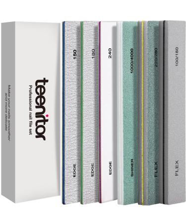 Teenitor 6pcs Professional Nail File and Buffer Set 100/180/240 Grit Nail Files for Acrylic and Gel Nails Emery Boards for Natural Nails Gift Nail Filer Manicure & Pedicure Tools & Accessories Rectangle 6 Piece Assortment
