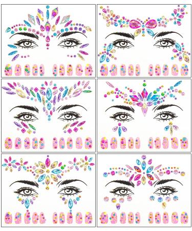 6 Sheets Face Jewels Face Diamonds Stick on Eyes Body Nails Self-Adhesive Rhinestone Face Jewels Multi-color Face Stickers Festival for Women and Girls DIY Make up Gems for Nail Art Decorations Beautiful Nails
