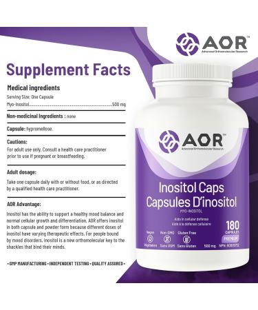 AOR Inositol Caps 500mg 180 Capsules - Myo-Inositol Supplement for Mental Well-Being & Cognitive Support - Promotes Healthy Brain Function & Cell Communication - Supports Women's Hormonal Balance 180 count (Pack of 1) - Buy Online on SooperMarket.com