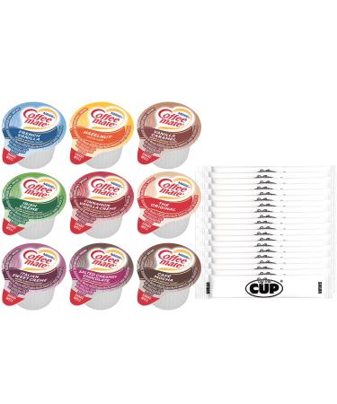 Coffee Mate .375oz Non-Dairy Liquid Creamer Singles - 9 Flavor Assortment Hazelnut French Vanilla Original Mocha Salted Caramel 36 Count (Pack of 1) - With By The Cup Sugar Packets
