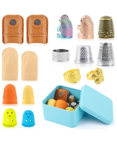 16 Pcs Sewing Thimble with Storage Box  Finger Protector  Finger Tips  Leather Thimble  Adjustable Metal Sewing  Thimble Rings  Rubber Thimble  Finger Protector Coin Thimble 17pcs set