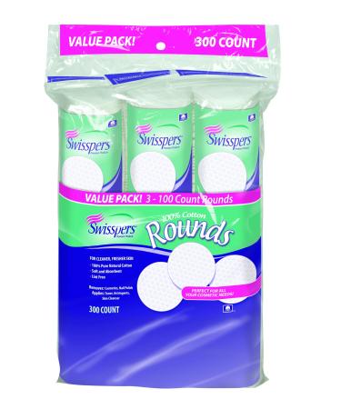 Swisspers 100% Cotton Rounds  Soft and Absorbent  100 Rounds per Pack  3-Pack (300 Rounds Total) 300 Count (Pack of 1)