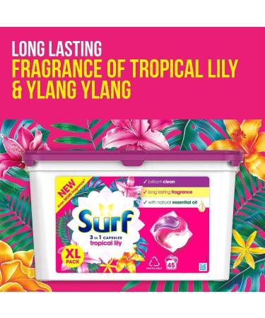 Surf 3-in-1 Tropical Lily Washing Detergent Capsules Brilliant Clean Long Lasting Fragrance and Made with Natural Essential Oil Laundry Detergent XL Pack 45 Washes (Buy 4) - Buy Online on SooperMarket.com