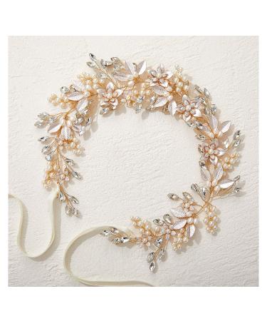 SWEETV Handmade Rhinestone Wedding Headband Flower-Leaf Bridal Headpieces for Wedding Pearl Hair Accessories (Gold)