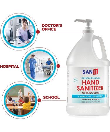 Sanit Moisturizing Hand Sanitizer Gel 70% Ethyl Alcohol - 1 Gallon with Pump | Made in USA | Kills 99.99% Germs - Advanced Formula with Vitamin E and Aloe Vera | Fresh Scent - Soothing Gel - Buy Online on SooperMarket.com