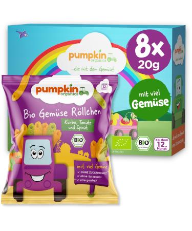 Pumpkin Organics Children's Snack Bio Vegetables R llchen (8 -pack) Baby snacks without additives from the 12th month - allergen -free and gluten -free crispy snacks for children (8x20g)