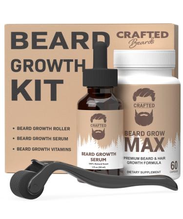 Crafted Beard Growth Kit - The Best Beard Growth Kit - Grow A Thicker Fuller Beard - Beard Growth Oil, Beard Roller, Beard Growth Vitamins (1 Month Kit) 3 Piece Set