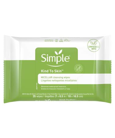 Simple Kind to Skin Cleansing Wipes Gentle and Effective Makeup Remover Micellar Free from color and dye, artificial perfume and harsh chemicals 25 Wipes 25 Count (Pack of 1)