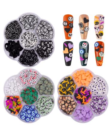 Halloween Nail Art Sequins Kalolary 3D Skull Spider Pumpkin Bat Ghost Witch Shape Polymer Clay Slices for Acrylic Nails Design Halloween Party Decor(3 Boxes)