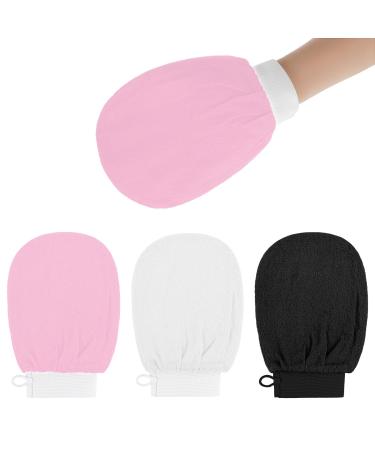 Exfoliating Gloves 3Pcs Body Scrub Glove Bath SPA Exfoliating Mitts Dual-Sided Deep Clean Exfoliation Scrubbing Mitt Dead Skin Remover Glove Deep Body Scrubber for Women and Men(Pink)