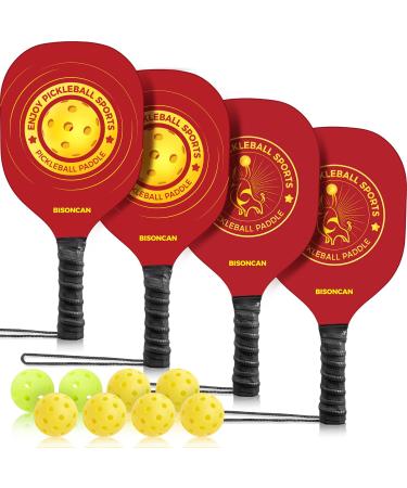BISONCAN Pickleball Paddles - Pickleball Balls Set, Pickleball Rackets Set with Ergonomic Cushion Grip Indoor & Outdoor Pickleball Balls & Carry Bag Red All wood