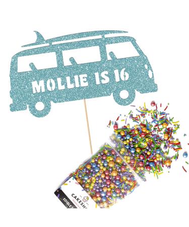 Cakeshop Cake Decoration Pack | Surfing Campervan Theme Premium Double Sided Glitter Card Cake Topper & 25g Party Pack of Cake Sugar Sprinkles | Custom Name & Age Cake Decoration (Baby Blue) Non-Prime Glitter Card: Baby Blue