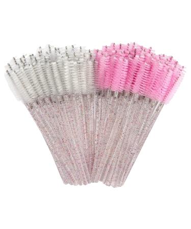 Kirecoo 100PCS Mascara Wands Disposable Eyelash Brush, Spoolies for Eyelash Extensions, Glitter Eyelash Spoolie Lash Brush Extension Supplies, Eyebrow Brush Applicator Makeup Kits (Pink & White)