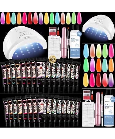 Morovan Poly Gel Nail Kit with U V Lamp and Drill 15 Colors 30g 1fl.oz Poly Gel for All Seasons Poly Nail Gel Kit All-in-One Poly Gel Kit Nail Extension Gel with Slip Solution for Poly Gel Nails and 100Pcs Dual Forms