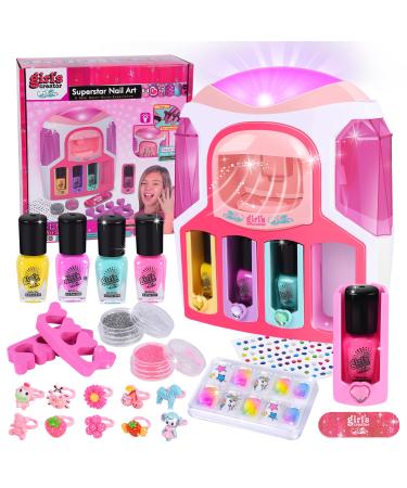 Herenear Kids Nail Polish Kit for Girls Kids Nail Polish Set with 2 In 1 Nail Dryer Set Nail Polish DIY Sticker Glitter Powder Rings Nail Art Kit Manicure Party Christmas Gift