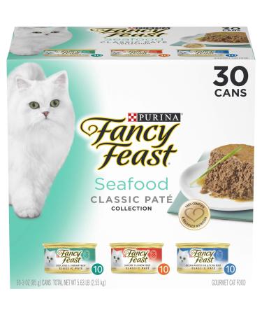 Purina Fancy Feast Grain Free Pate Wet Cat Food Variety Pack, Seafood Classic Pate Collection - 3 oz. Cans, 3 Ounce (Pack of 30)