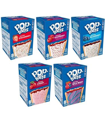 Pop Tarts Frosted Variety Pack, Strawberry, Raspberry, Blueberry, Cherry, and Wild Berry, 13.5 Ounce (Pack of 5) - with Two MYD Lollipops