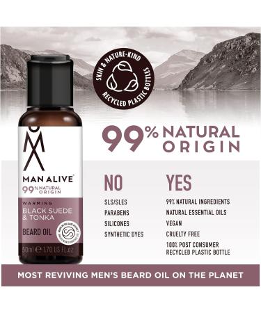 Man Alive Beard Oil for Men - 99% Natural Skincare 50ml with Oatmeal, Argan Oil, Jojoba Oil & Almond Oil - Softens Facial Hair, Ideal Men's Gift - Black Suede & Tonka Scent - Buy Online on SooperMarket.com