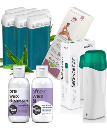 6x wax cartridges Aloe Vera Kosmetex heater 1x pre-cleaner Mr. Wax 1x after wax oil 100x fleece strips