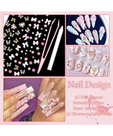 BELICEY 1000PCS 3D Nail Charms - Cute Butterfly Bow Star Heart & Moon Designs for Nail Art DIY - Includes Picker Pencil & Tweezer - Pink & White Flower Collection - Buy Online on SooperMarket.com