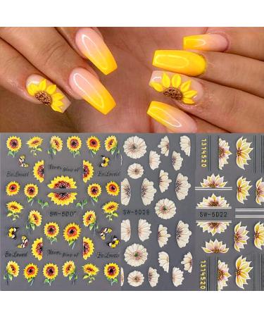 Diduikalor 5D Flowers Stereoscopic Embossed Spring Nail Stickers Sunflowers Nail Art Self-Adhesive Stickers Decals Design Acrylic Nail Art Decorations for Women/Girls