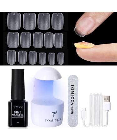 TOMICCA Nail Tips and Glue Gel Kit Nail Extension Kit-4 In 1 Nail Glue and Base Gel 240Pcs Short Square Nails with Portable LED Nail Lamp DIY Nail Art Acrylic Nail Starter Kit Gifts Set A-Extra Short Square