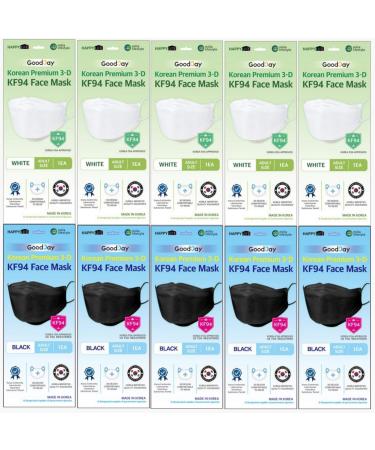 (Pack of 10) (5PCS BLACK 5PCS WHITE Combo set) Good day Premium 3D Disposable BLACK AND WHITE KF94 Face Mask 4-Layer Filters Protective Covering Dust Mask Individual Packs Made in Korea.