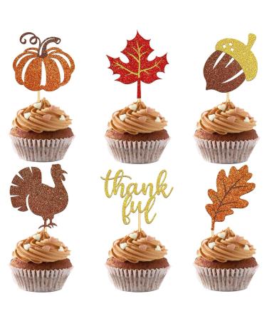 24 Pcs Glitter Thanksgiving Cupcake Toppers for Thanksgiving Day Decorations Fall Theme Turkey Maple Leaf Pumpkin -Thanksgiving Cake Topper for Thanksgiving Party Supplies (Mixed A)