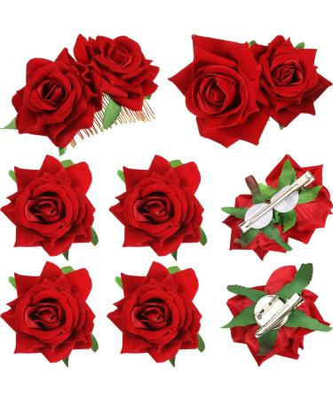 6 Pcs Rose Hair Clip Flower Hairpin Comb Rose Brooch Floral Clips Women Hair Accessories Wedding Hair Clip Flamenco Dancer for Women Girls (Red)